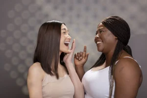 joyful diverse friends with smooth skin minimal makeup studio